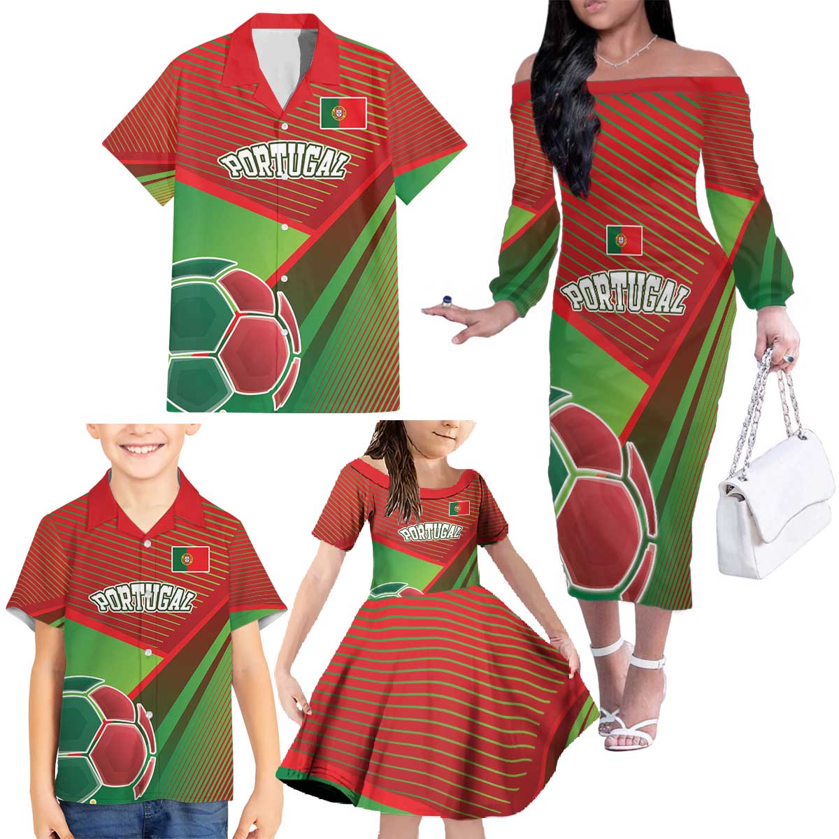 Custom Portugal Football Go Champions Family Matching Off The Shoulder Long Sleeve Dress and Hawaiian Shirt Sporty Style