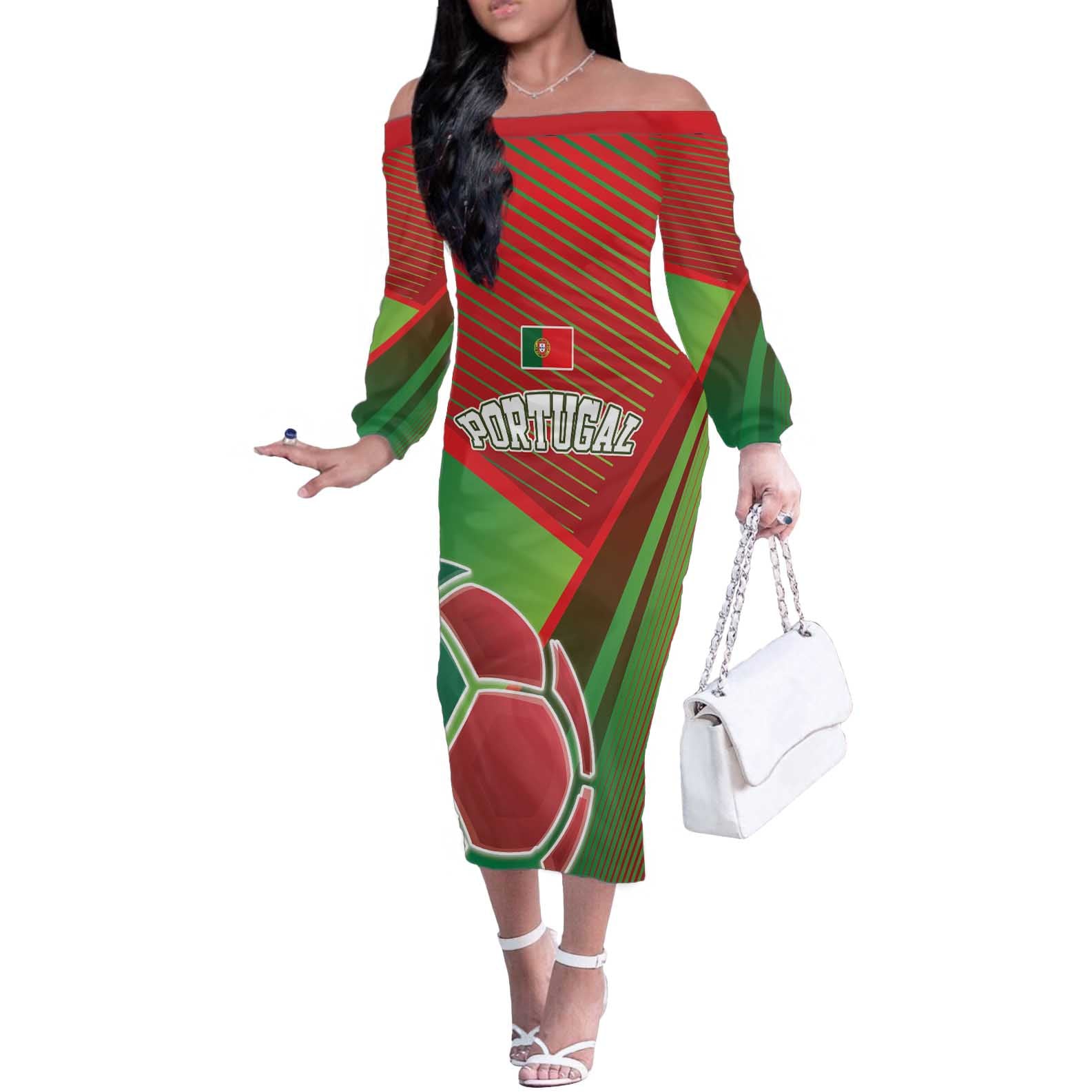 Custom Portugal Football Go Champions Off The Shoulder Long Sleeve Dress Sporty Style