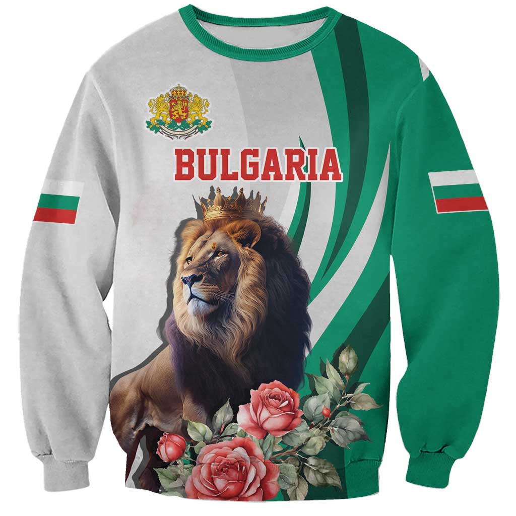 Green and gray crewneck sweatshirt with Bulgaria crest, crowned lion, and roses front print