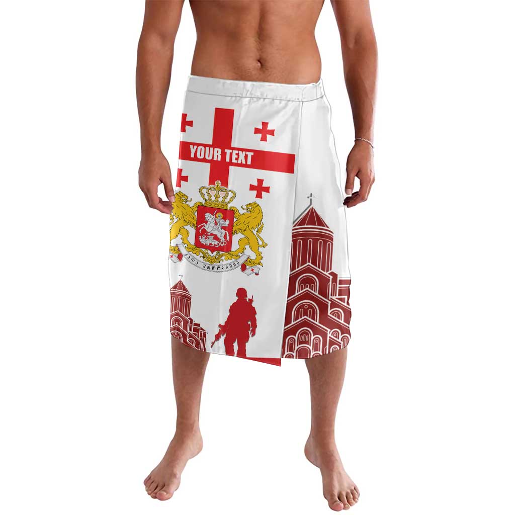 White knee-length wrap skirt with Georgia cross flag, coat of arms and city print