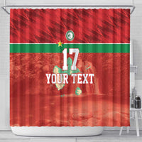 Red shower curtain with green stripe and soccer crest, number 17, 'YOUR TEXT' print.