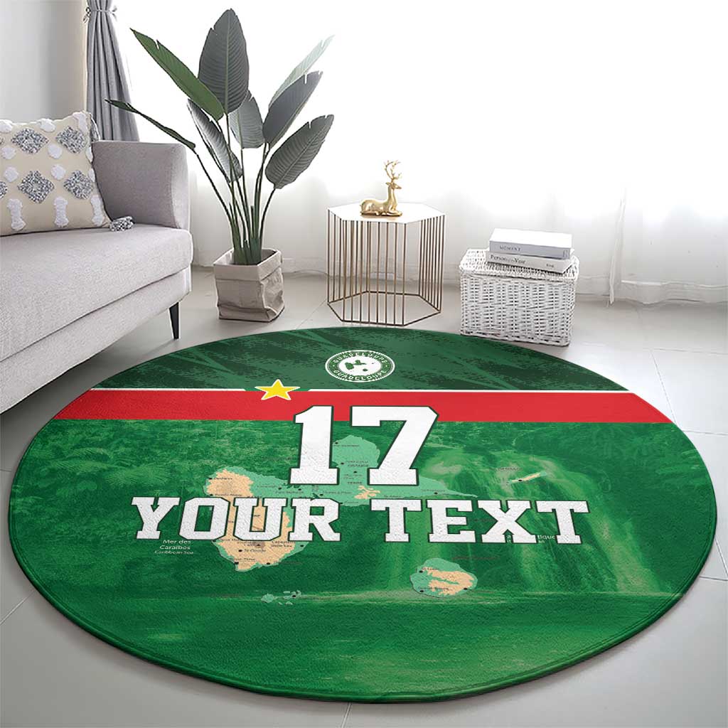 Green round football rug centered on floor with '17 YOUR TEXT' print