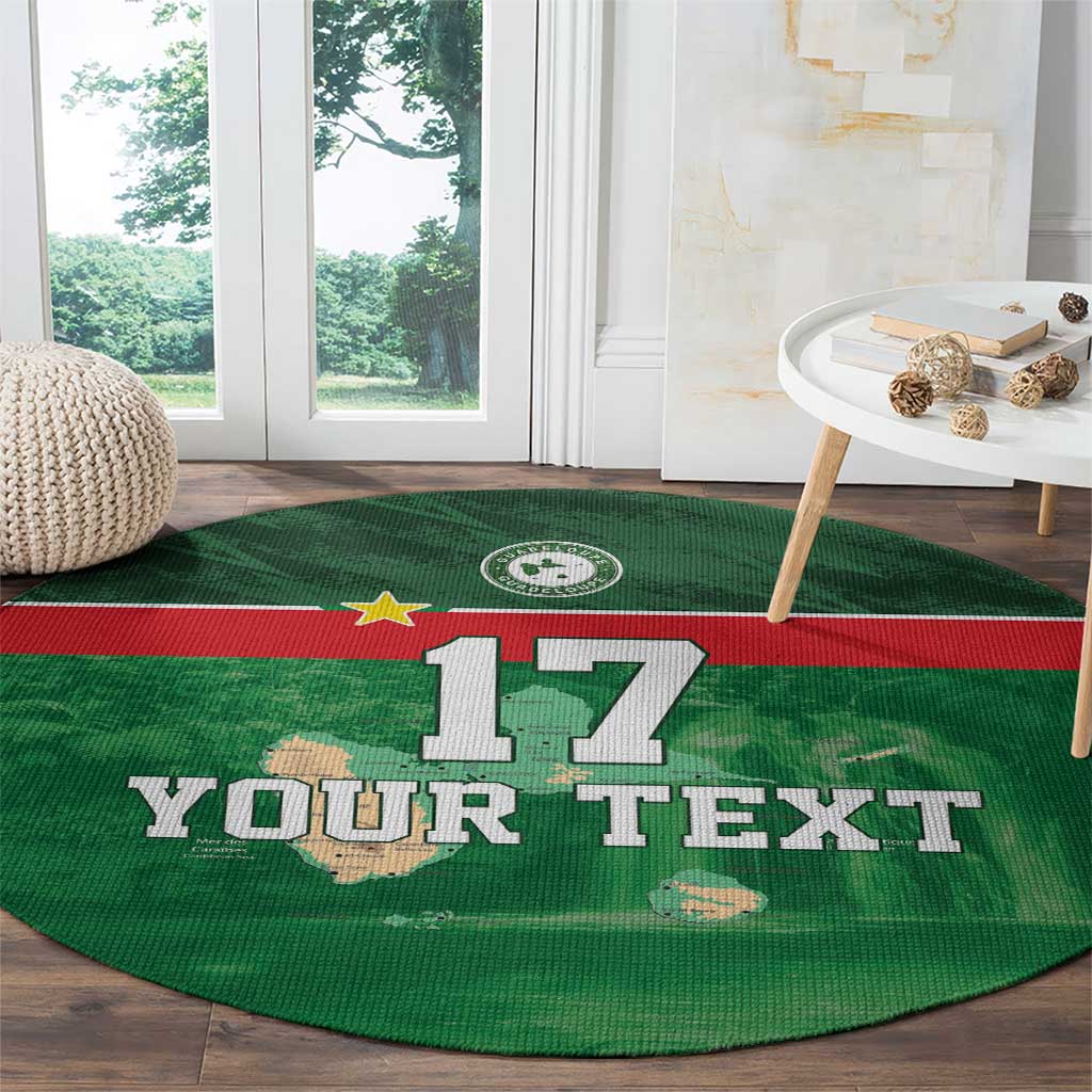 Green round football rug near white sofa; printed '17' and 'YOUR TEXT'