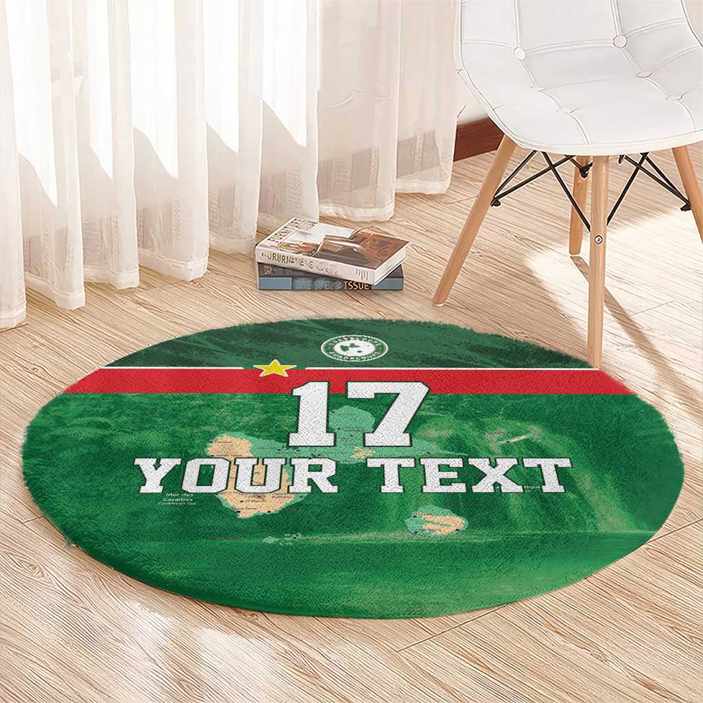 Green round football rug with '17' and 'YOUR TEXT' on wood floor