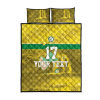 Yellow quilt bed set with green stripe and football emblem, 'YOUR TEXT' center panel