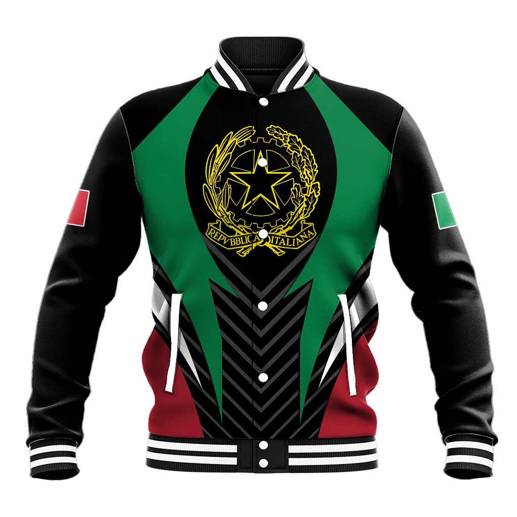 Black baseball jacket with green and red front panels, crest and button-up collar