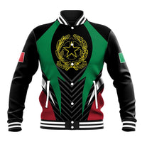 Black baseball jacket with green and red front panels, crest and button-up collar