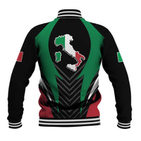 Black baseball jacket with green and red back panels, Italia map crest, striped cuffs
