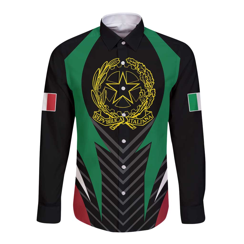 Black long-sleeve button shirt with green-red diagonal crest graphic on front