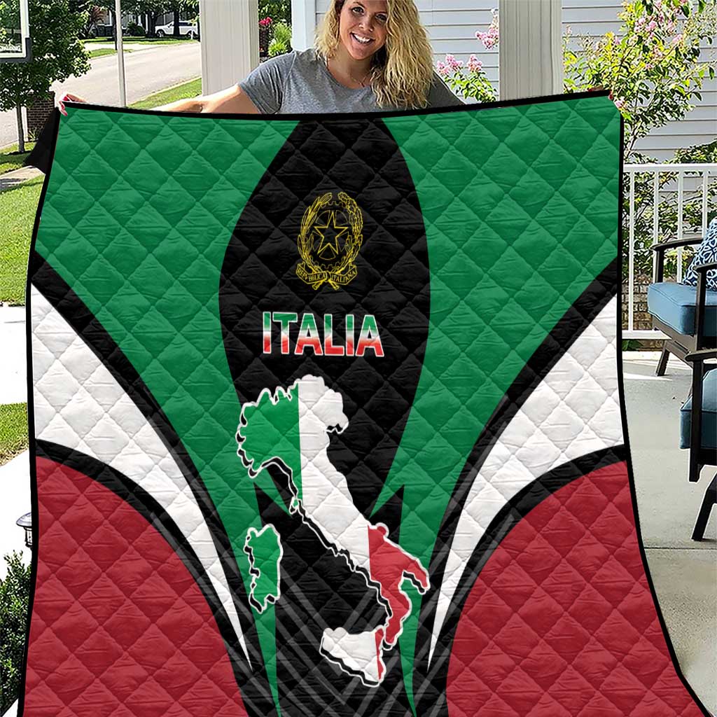 Italian-themed quilt blanket with green, white, red panels and black crest center