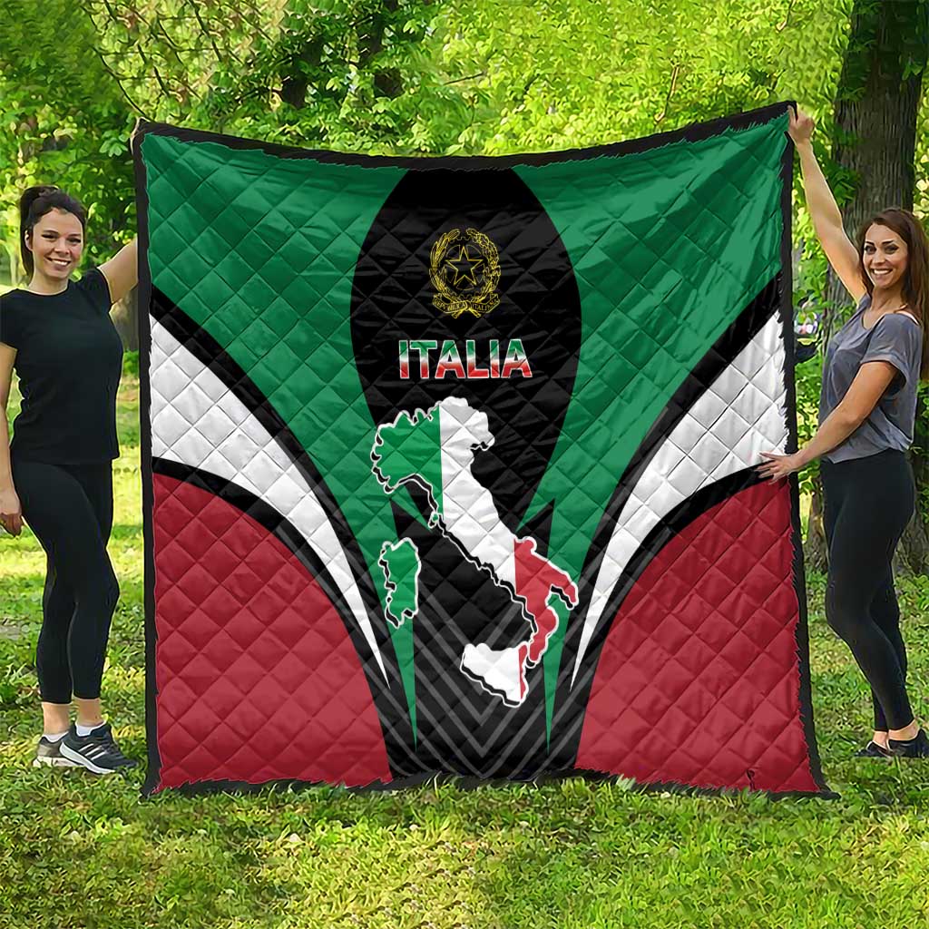 Italian-themed quilt blanket fully spread outdoors with black crest and Italia emblem