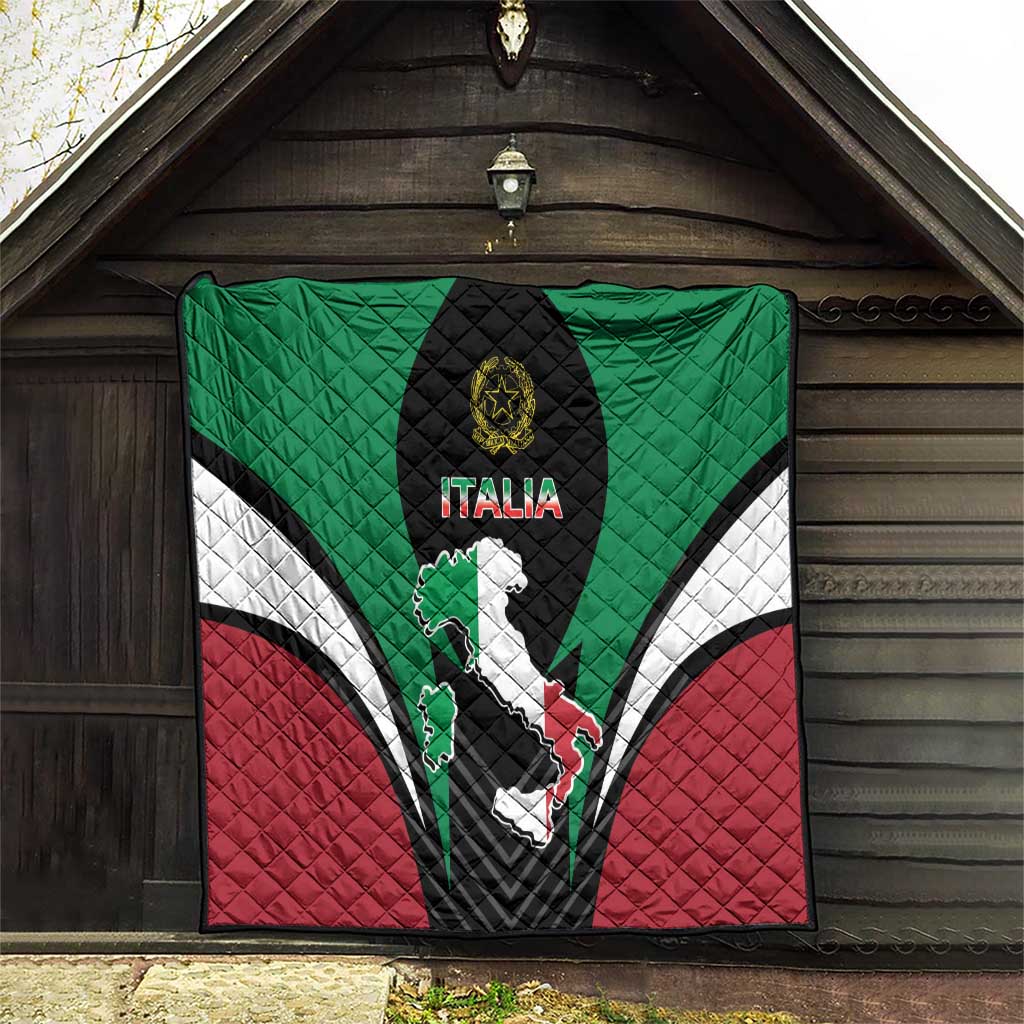 Quilt blanket hung on exterior wall with green, white, red pattern and black Italia crest