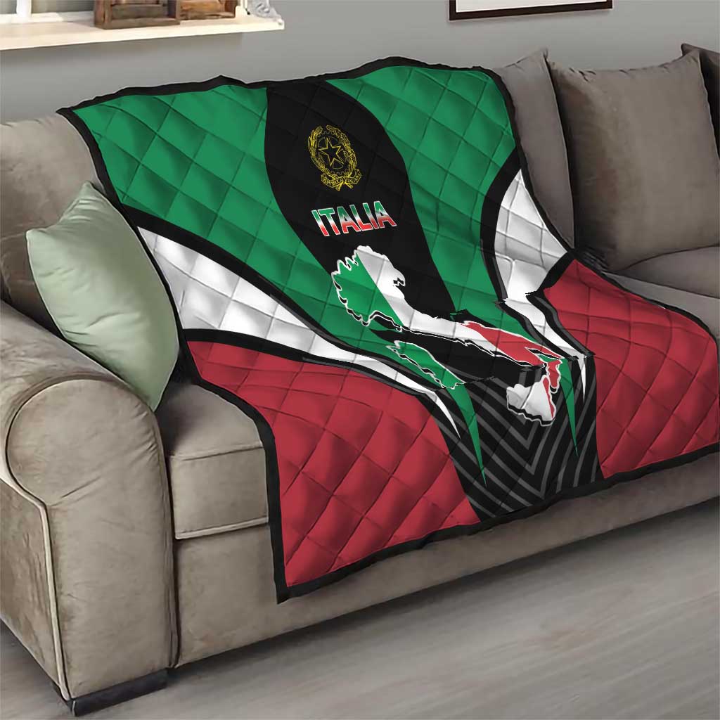 Quilt blanket on couch with green and red sections, black Italia crest and Italy outline map
