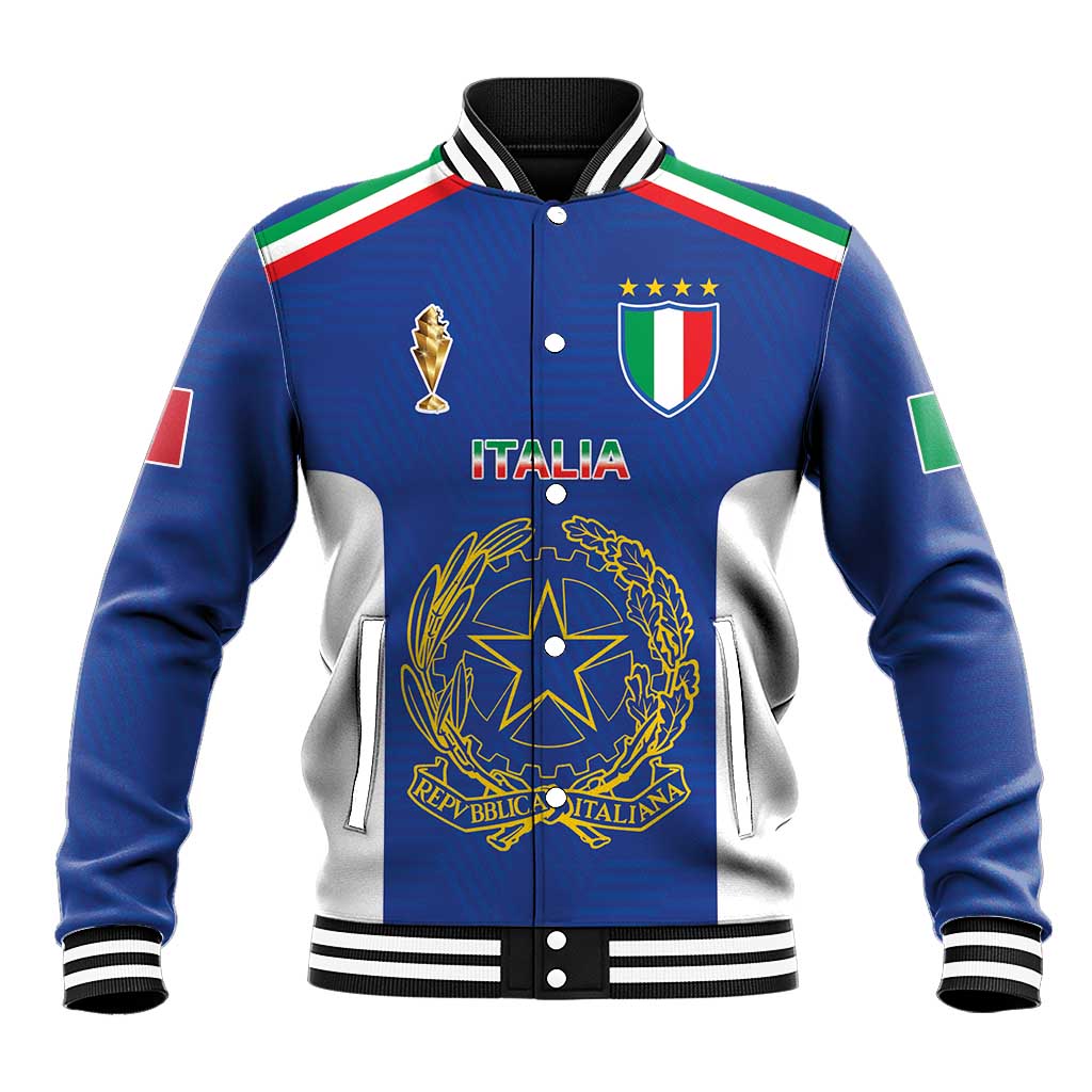 Blue baseball jacket with Italy crest and stars, ribbed striped collar and cuffs.