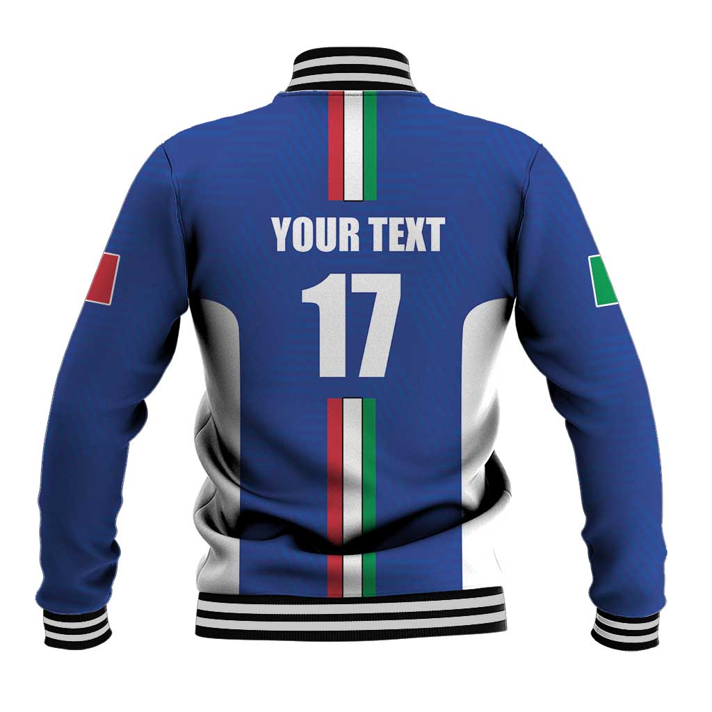 Blue varsity baseball jacket, ribbed striped collar, back print with 17 and custom text.