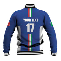 Blue varsity baseball jacket, ribbed striped collar, back print with 17 and custom text.