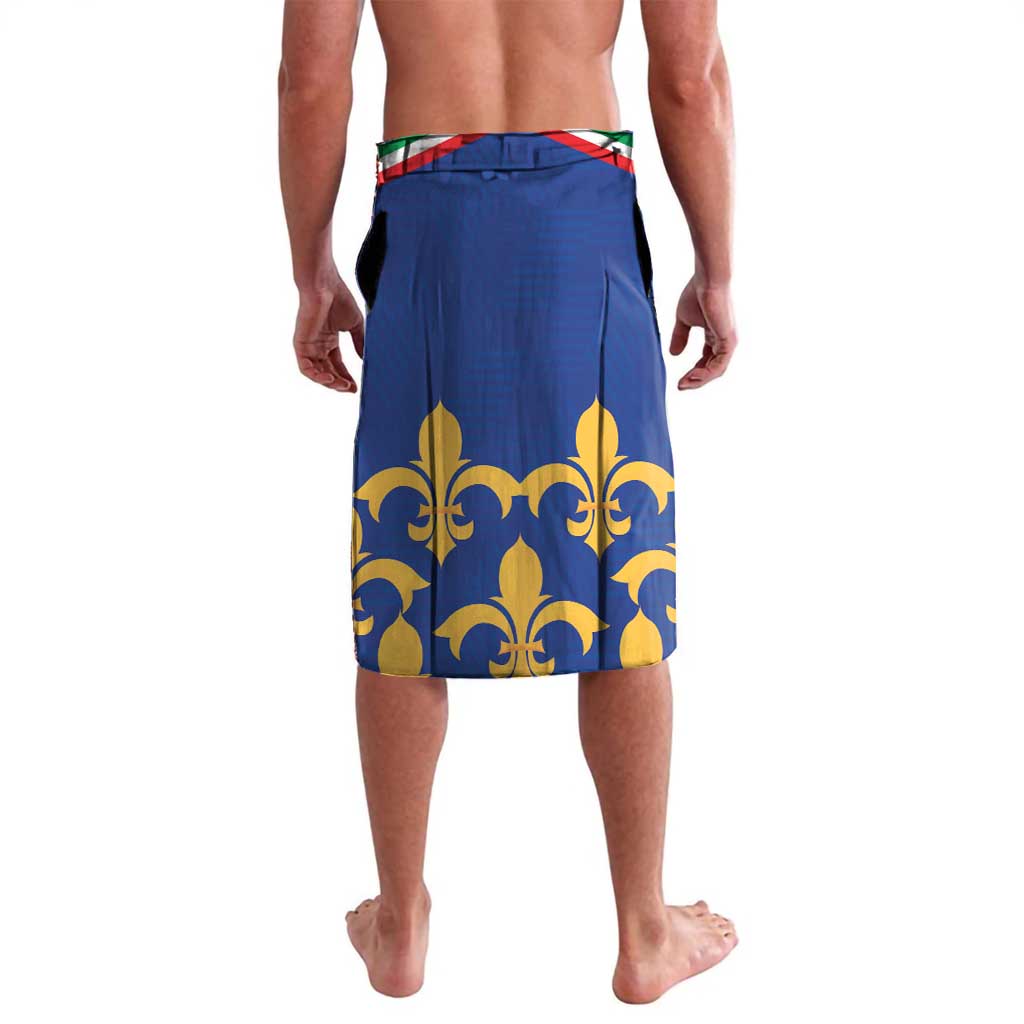 Men's blue athletic wrap shorts with yellow fleur-de-lis pattern