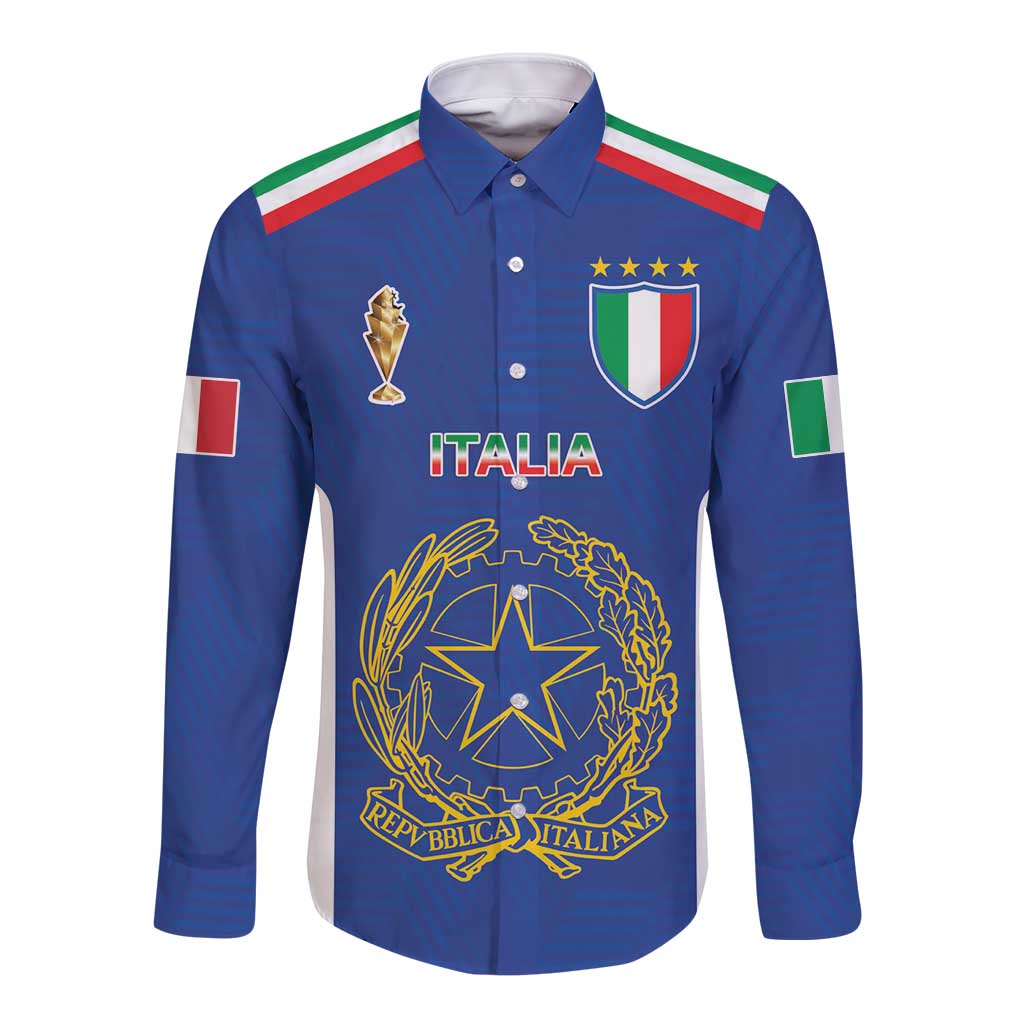 Blue long-sleeve button shirt with collar, Italy crest and colorful sleeve details