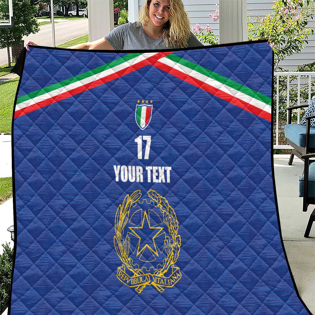 Blue quilt with tricolor diagonal stripe, crest emblem, number 17, and 'YOUR TEXT' design