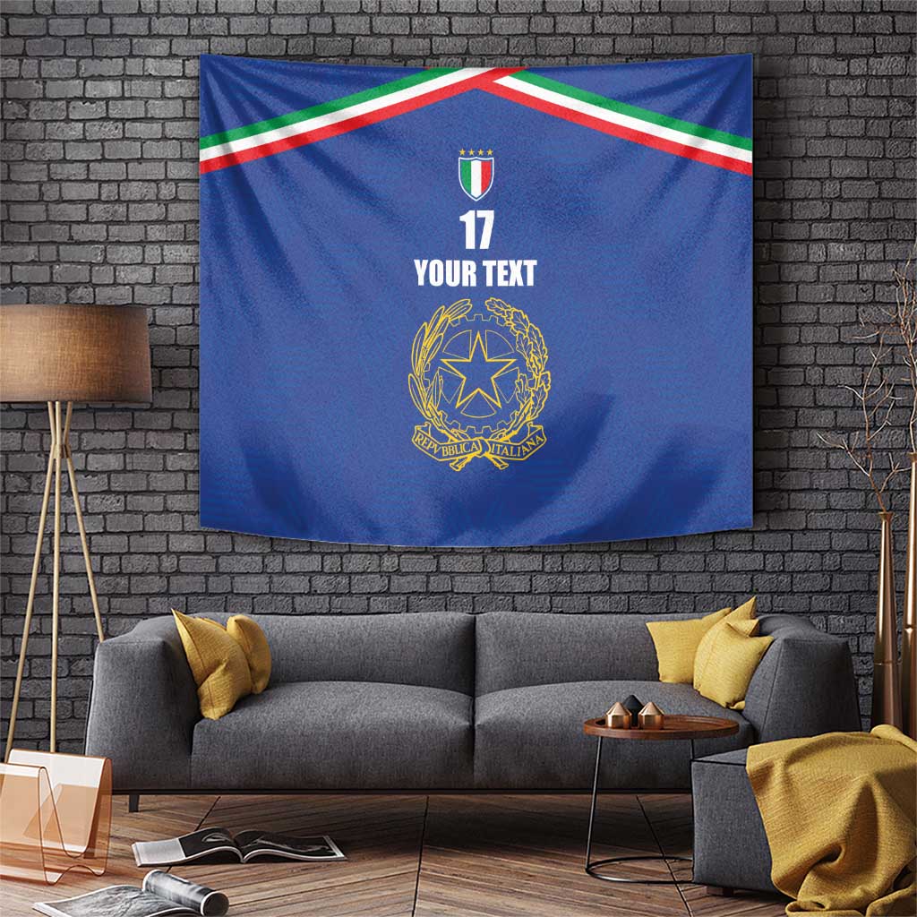 Blue football tapestry with crest, number 17, and custom text, bordered by tri-color stripes.