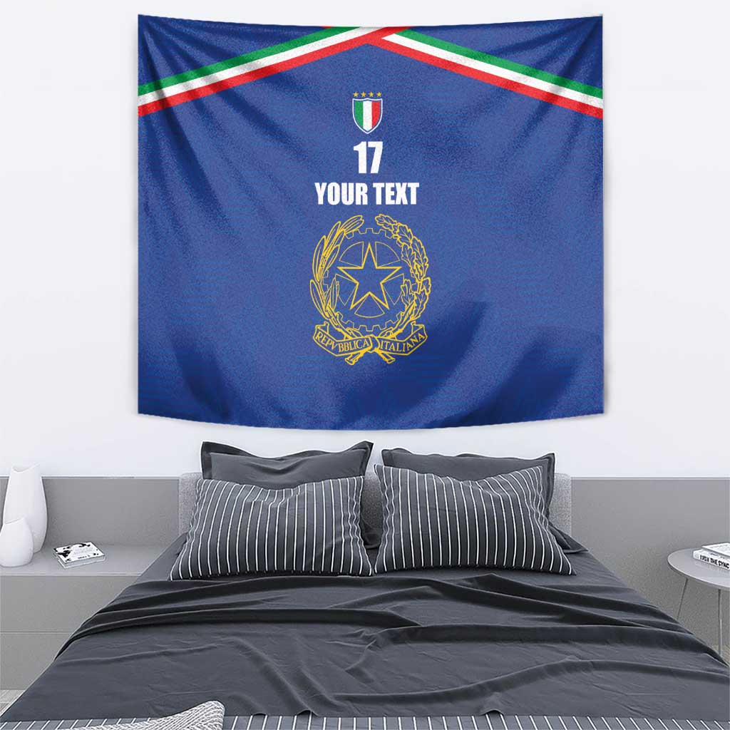 Blue football wall tapestry with crest, number 17, custom text, and tri-color border.