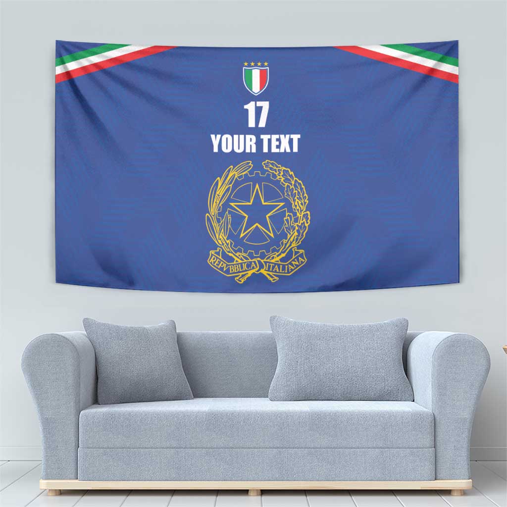 Blue football tapestry with crest emblem, number 17, custom text, and tri-color stripe frame.