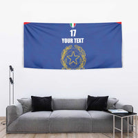Blue football tapestry with crest, number 17, and custom text, centered on tri-color striped edge.