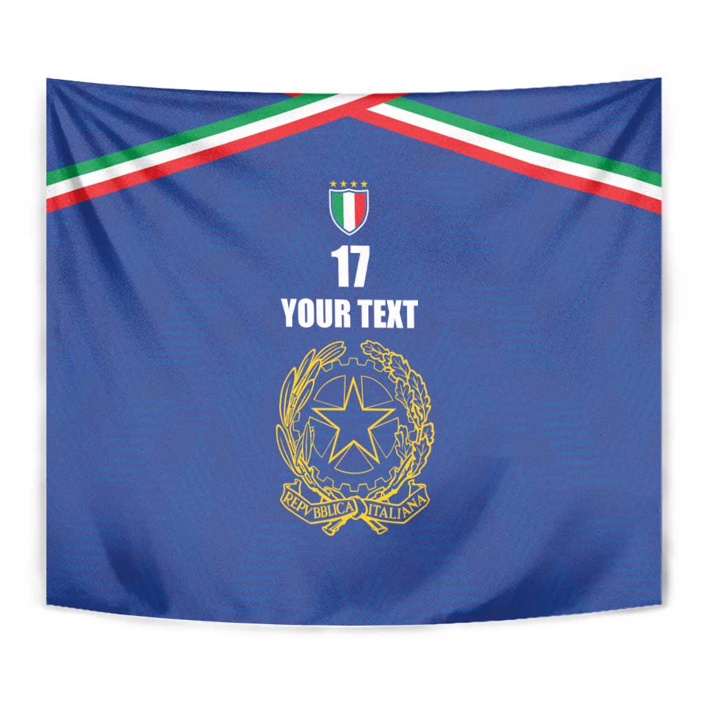 Blue football tapestry showing crest, number 17, custom text, and tri-color stripe border.