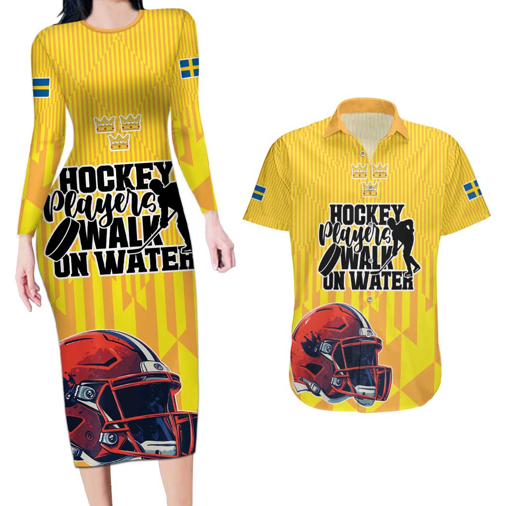 Custom Sweden Ice Hokey Go Champions Couples Matching Long Sleeve Bodycon Dress and Hawaiian Shirt Gold Style