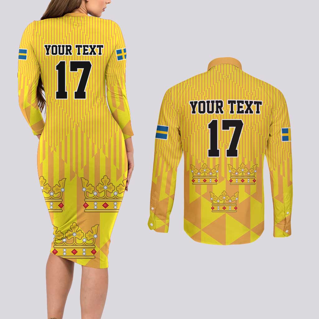 Custom Sweden Ice Hokey Go Champions Couples Matching Long Sleeve Bodycon Dress and Long Sleeve Button Shirt Gold Style