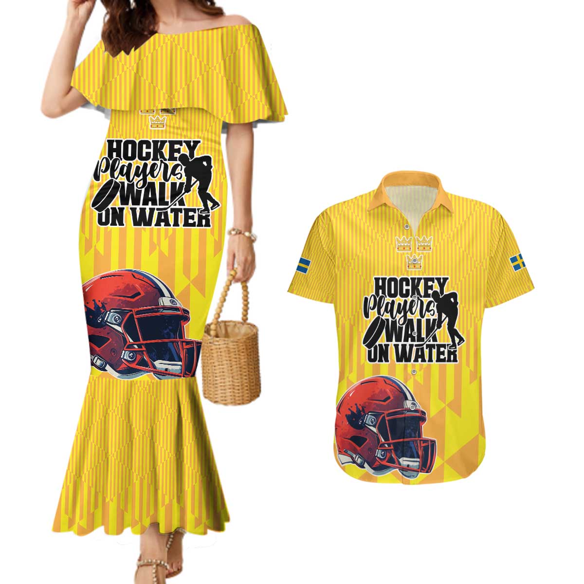 Custom Sweden Ice Hokey Go Champions Couples Matching Mermaid Dress and Hawaiian Shirt Gold Style