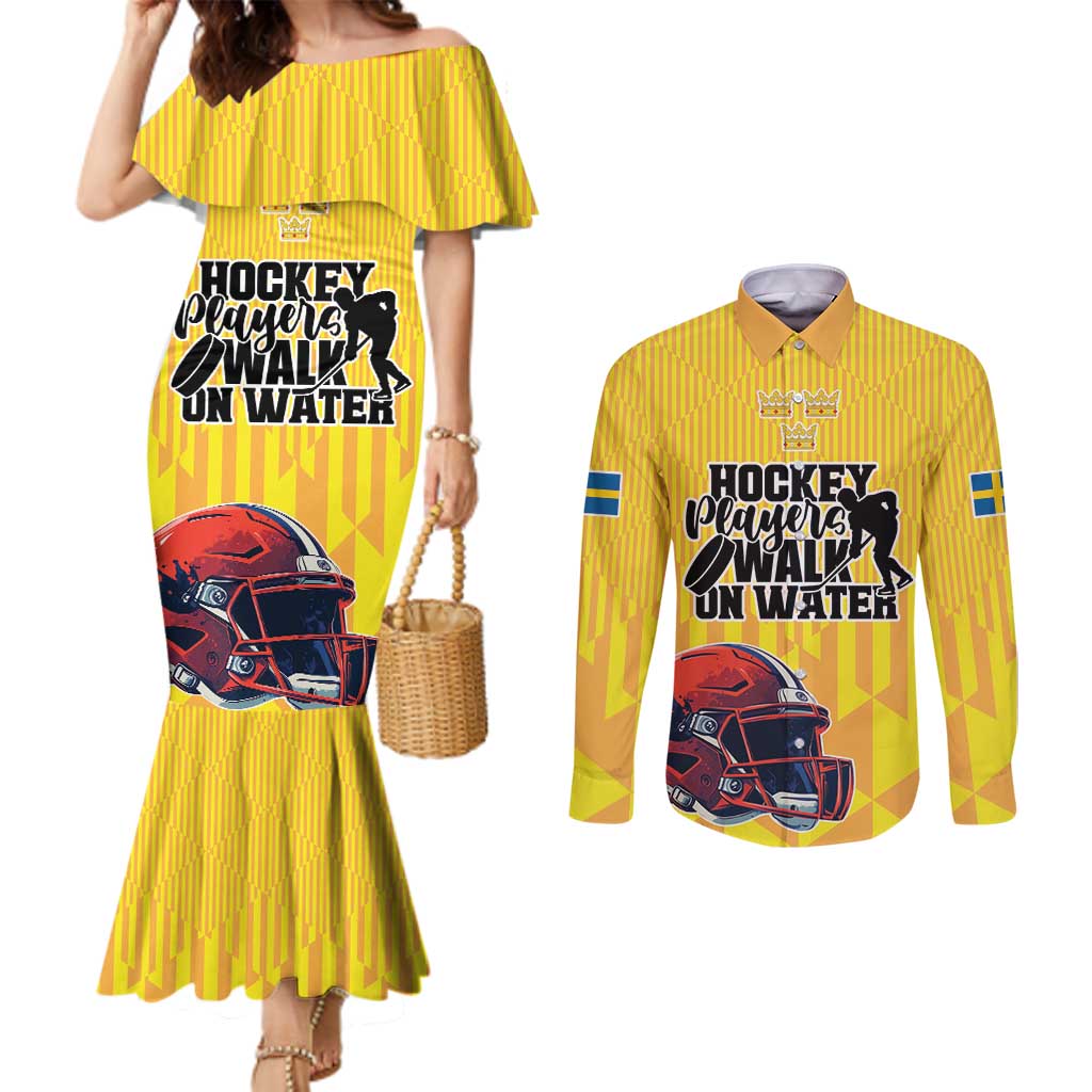 Custom Sweden Ice Hokey Go Champions Couples Matching Mermaid Dress and Long Sleeve Button Shirt Gold Style