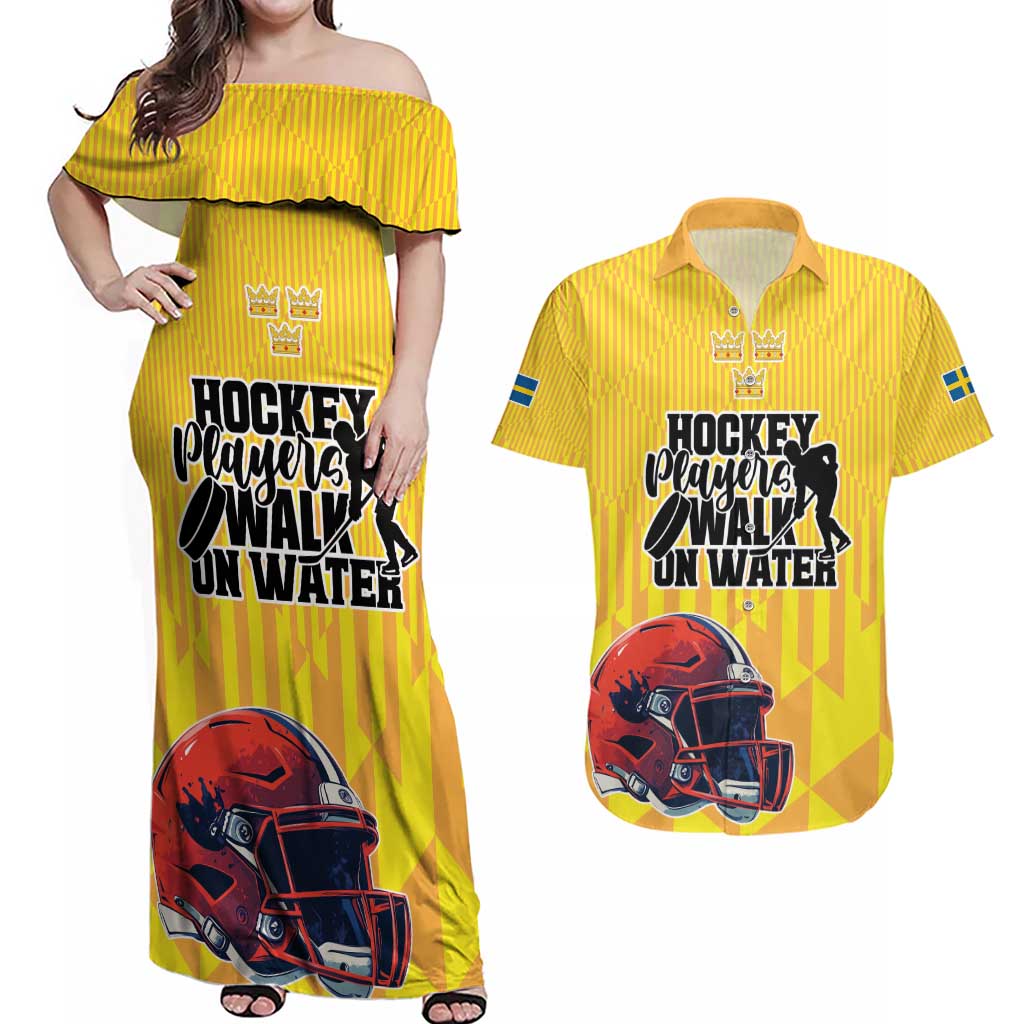 Custom Sweden Ice Hokey Go Champions Couples Matching Off Shoulder Maxi Dress and Hawaiian Shirt Gold Style