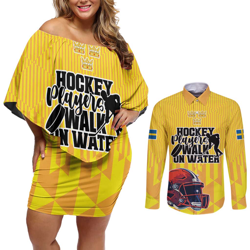 Custom Sweden Ice Hokey Go Champions Couples Matching Off Shoulder Short Dress and Long Sleeve Button Shirt Gold Style