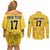 Custom Sweden Ice Hokey Go Champions Couples Matching Off Shoulder Short Dress and Long Sleeve Button Shirt Gold Style