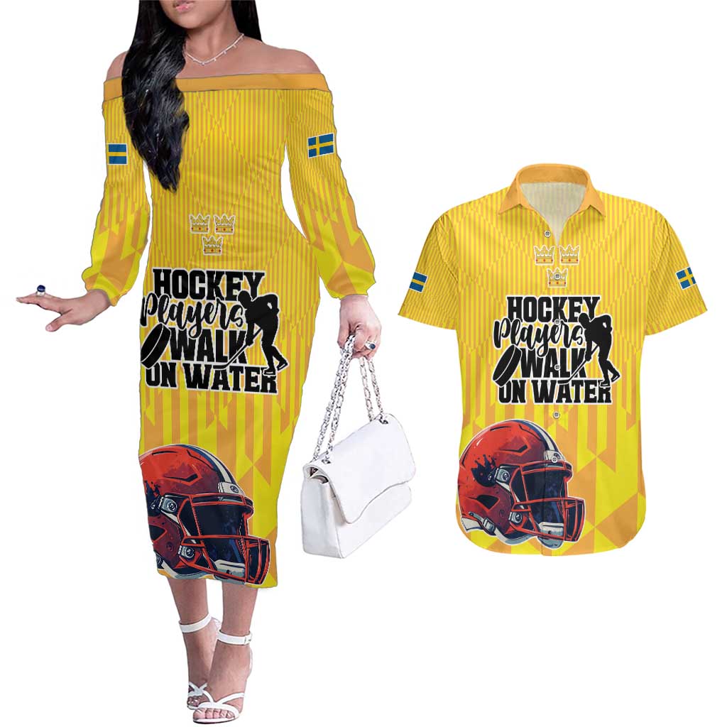 Custom Sweden Ice Hokey Go Champions Couples Matching Off The Shoulder Long Sleeve Dress and Hawaiian Shirt Gold Style