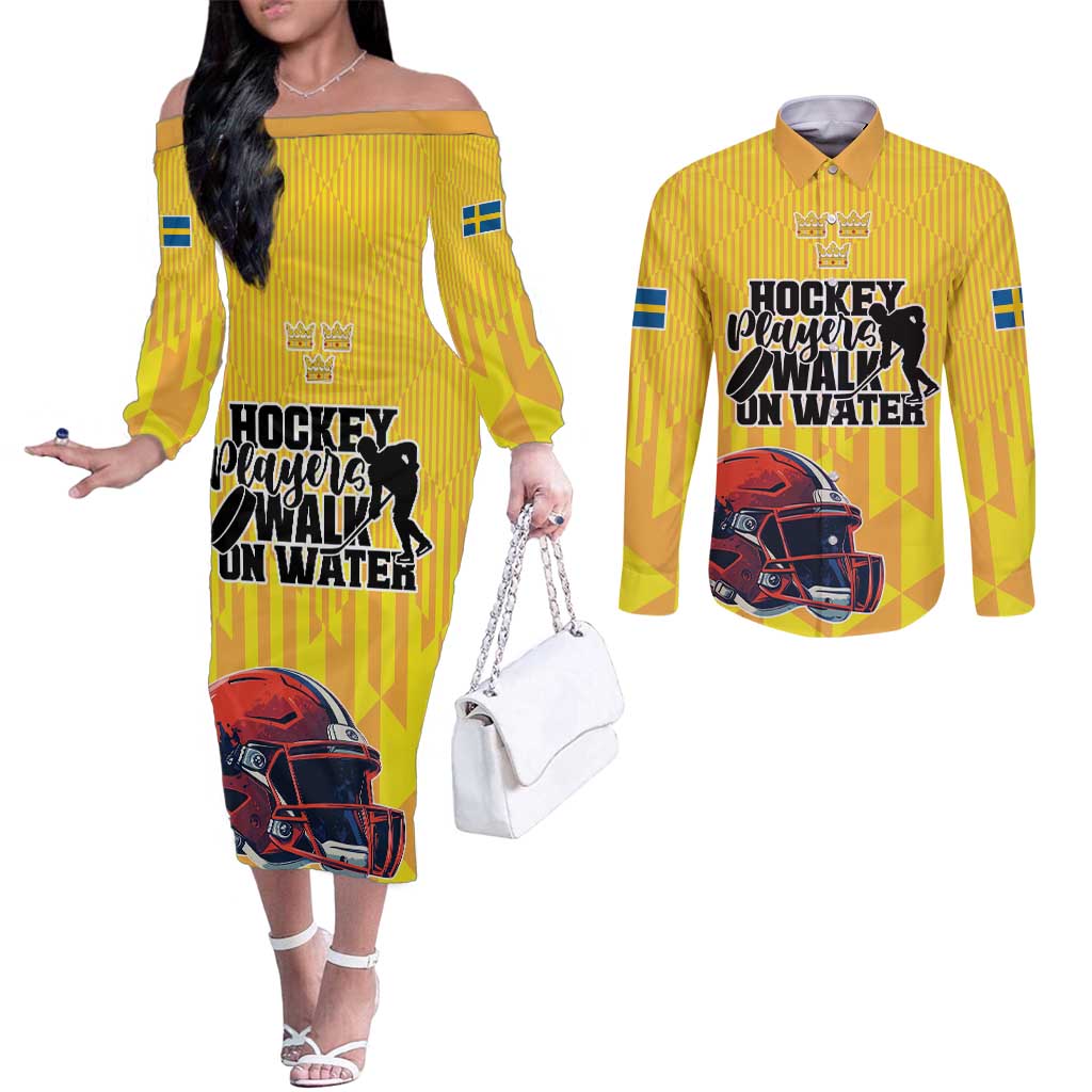 Custom Sweden Ice Hokey Go Champions Couples Matching Off The Shoulder Long Sleeve Dress and Long Sleeve Button Shirt Gold Style