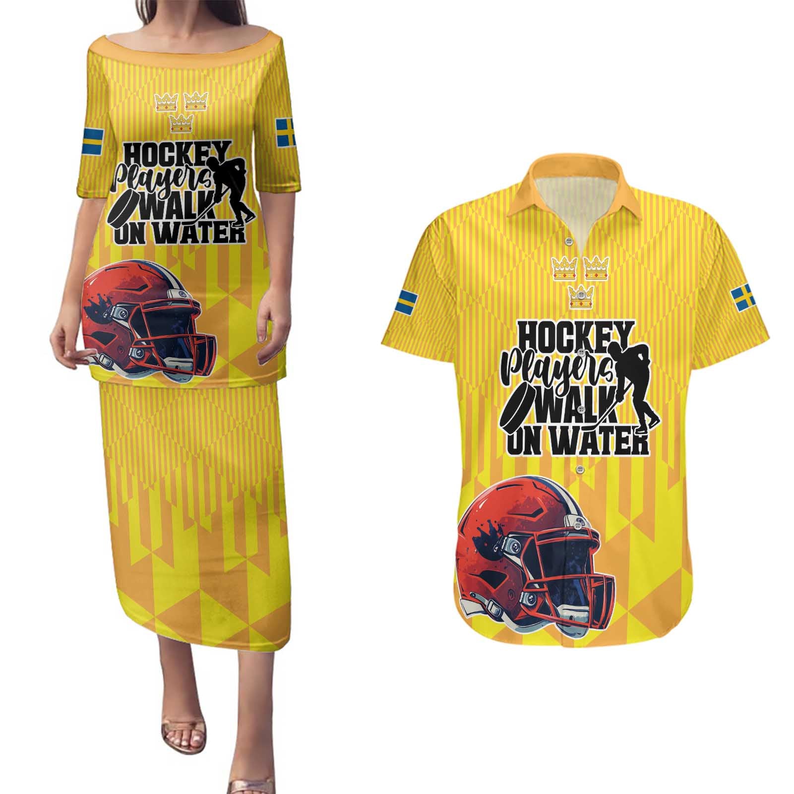 Custom Sweden Ice Hokey Go Champions Couples Matching Puletasi and Hawaiian Shirt Gold Style