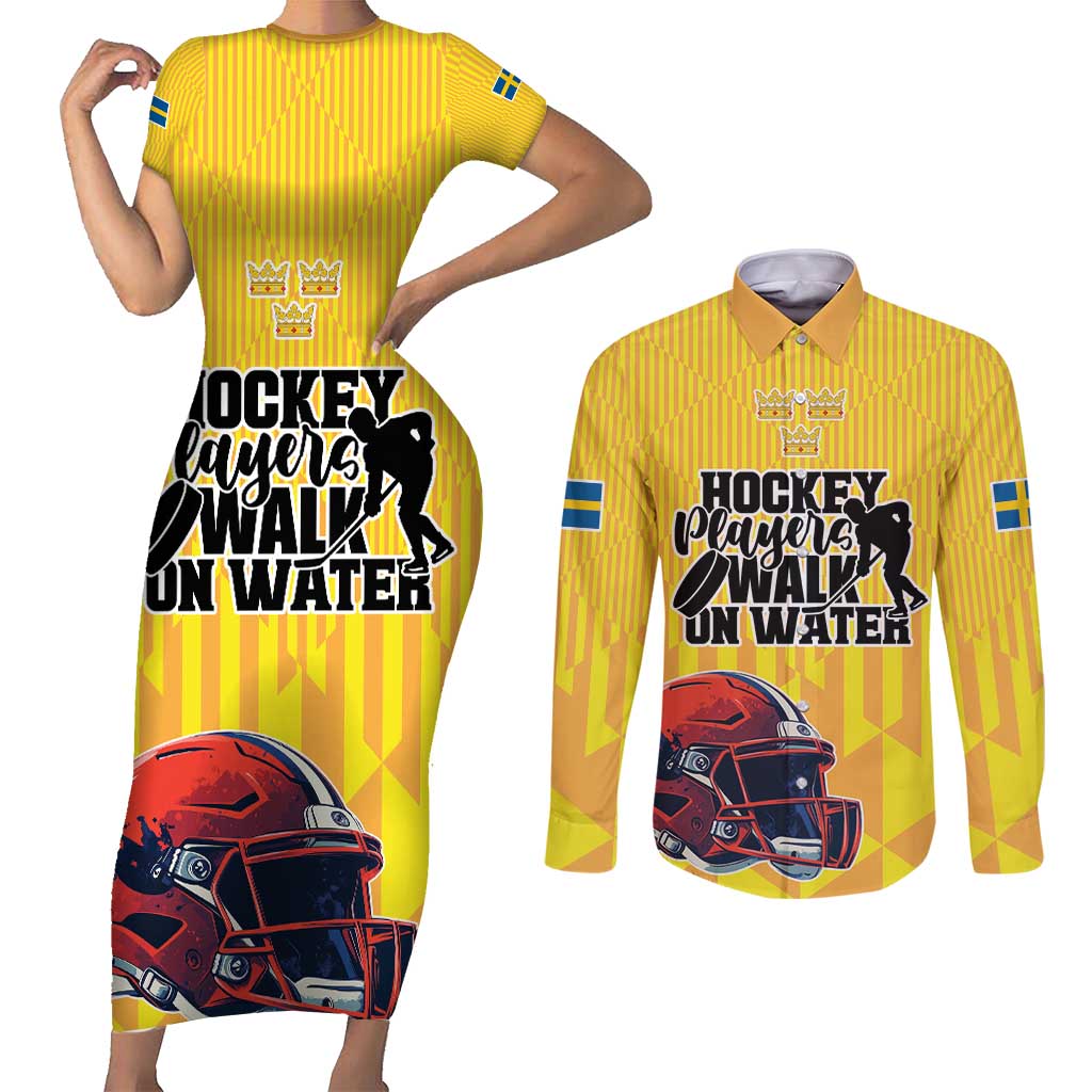 Custom Sweden Ice Hokey Go Champions Couples Matching Short Sleeve Bodycon Dress and Long Sleeve Button Shirt Gold Style