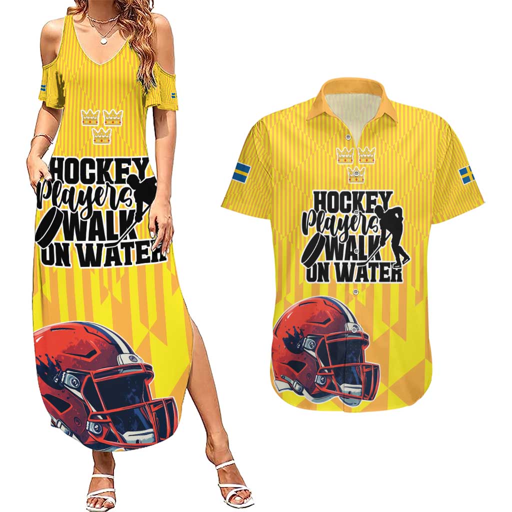 Custom Sweden Ice Hokey Go Champions Couples Matching Summer Maxi Dress and Hawaiian Shirt Gold Style