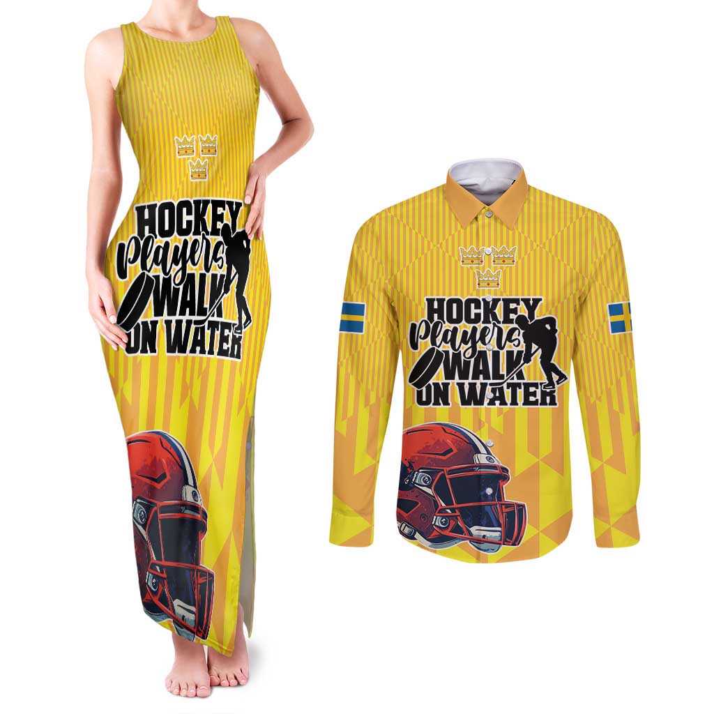 Custom Sweden Ice Hokey Go Champions Couples Matching Tank Maxi Dress and Long Sleeve Button Shirt Gold Style