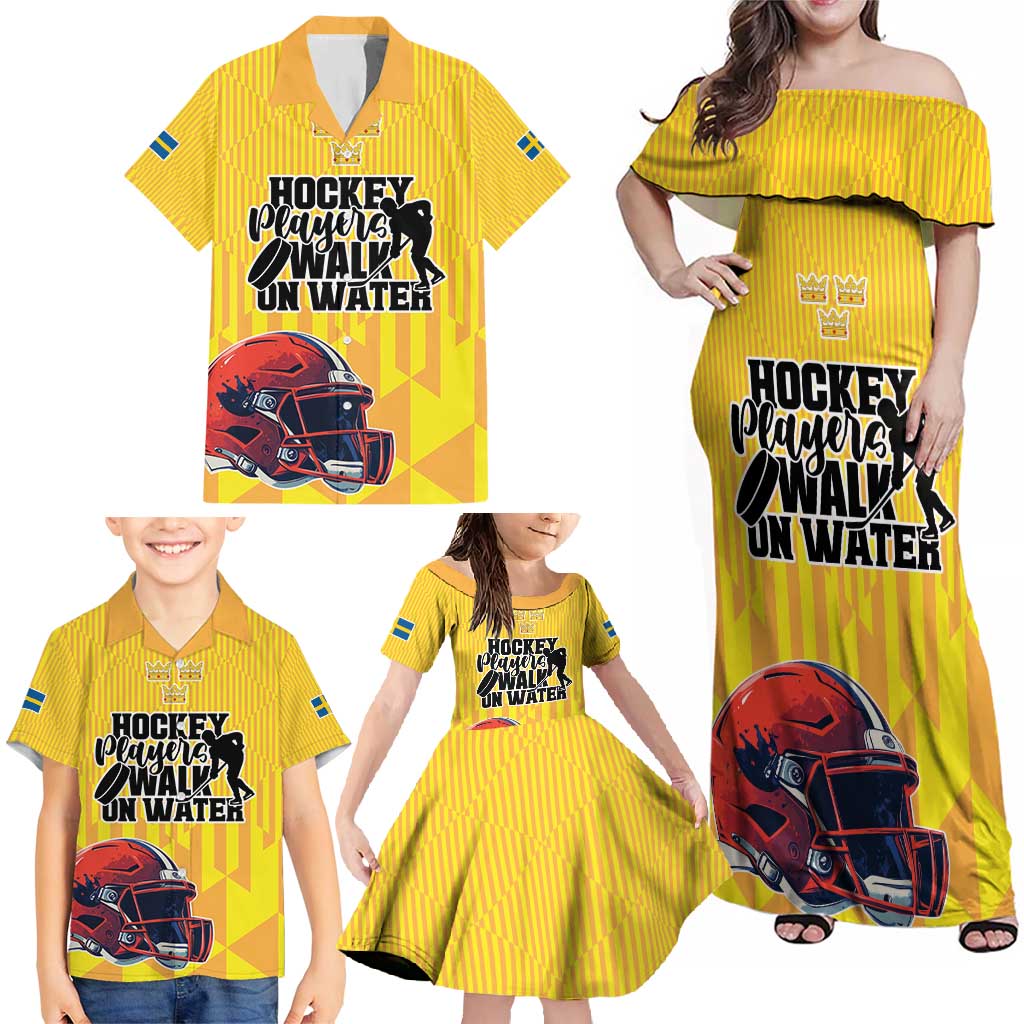 Custom Sweden Ice Hokey Go Champions Family Matching Off Shoulder Maxi Dress and Hawaiian Shirt Gold Style