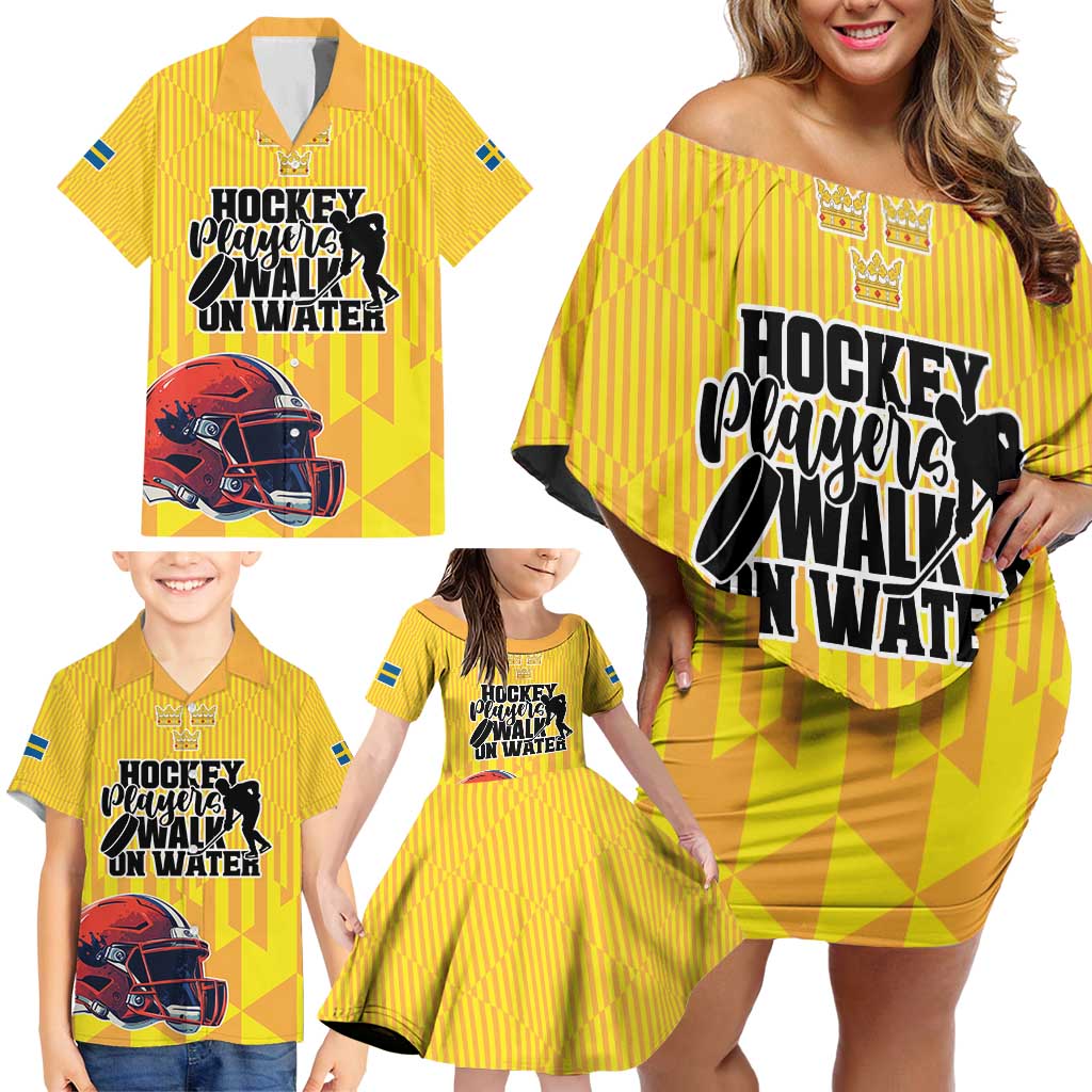 Custom Sweden Ice Hokey Go Champions Family Matching Off Shoulder Short Dress and Hawaiian Shirt Gold Style