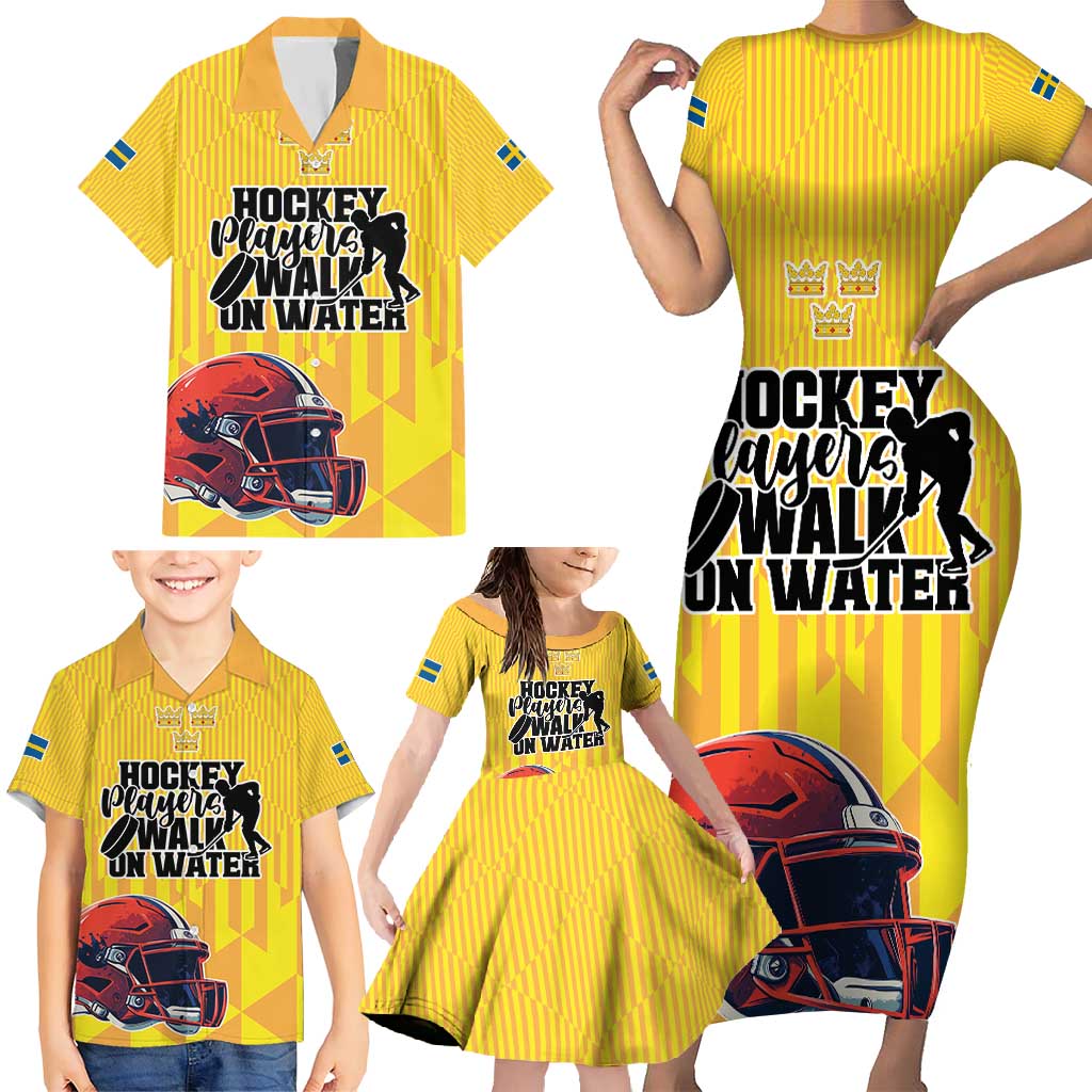 Custom Sweden Ice Hokey Go Champions Family Matching Short Sleeve Bodycon Dress and Hawaiian Shirt Gold Style