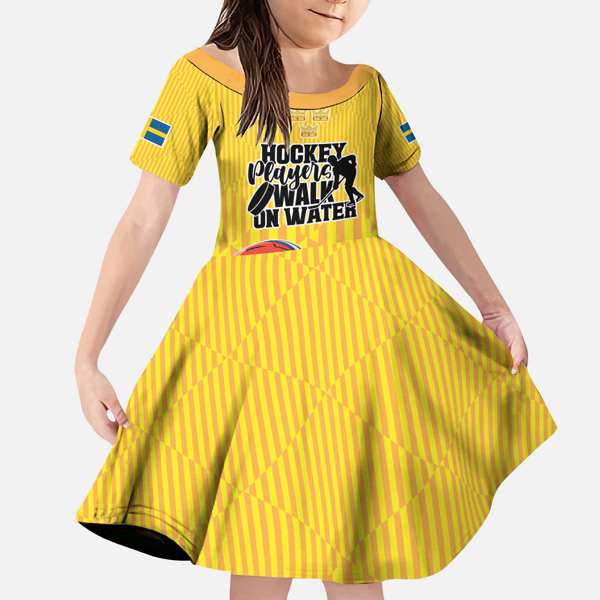 Custom Sweden Ice Hokey Go Champions Kid Short Sleeve Dress Gold Style