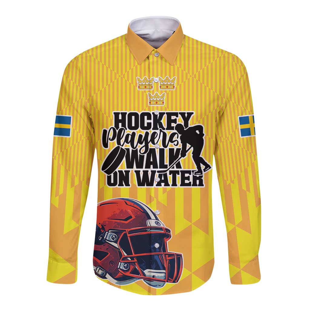 Custom Sweden Ice Hokey Go Champions Long Sleeve Button Shirt Gold Style