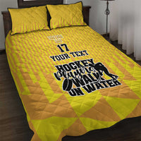 Yellow hockey quilt bed set with 2 pillows; 'YOUR TEXT' and hockey graphic, No.17