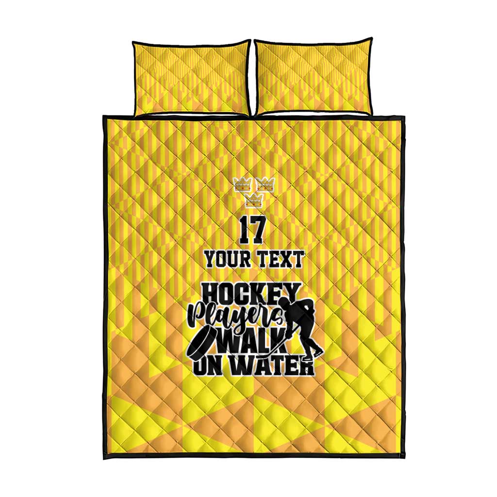 Yellow hockey quilt bed set with 2 pillows, central 'YOUR TEXT' hockey graphic, No.17
