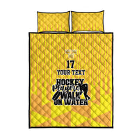 Yellow hockey quilt bed set with 2 pillows, central 'YOUR TEXT' hockey graphic, No.17