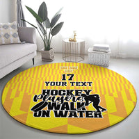 Round yellow hockey carpet rug with central '17 YOUR TEXT' and 'Players Walk On Water' design